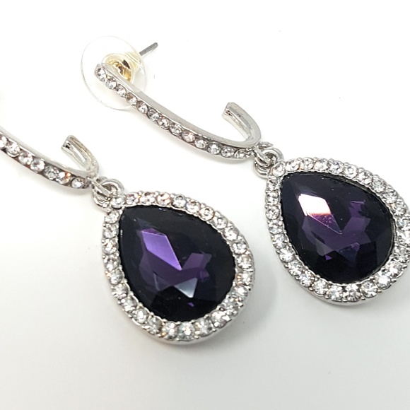 Silver Tone Dangle Drop Earrings Purple Amethyst - Picture 1 of 6